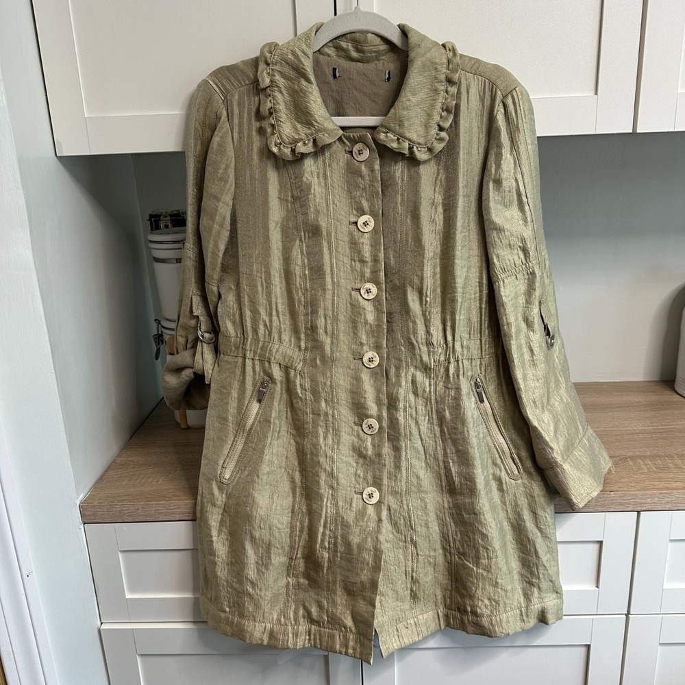 Nic+Zoe Ruffle Collar Utility Jacket Womens L Buttons Gold Crinkle Lightweight